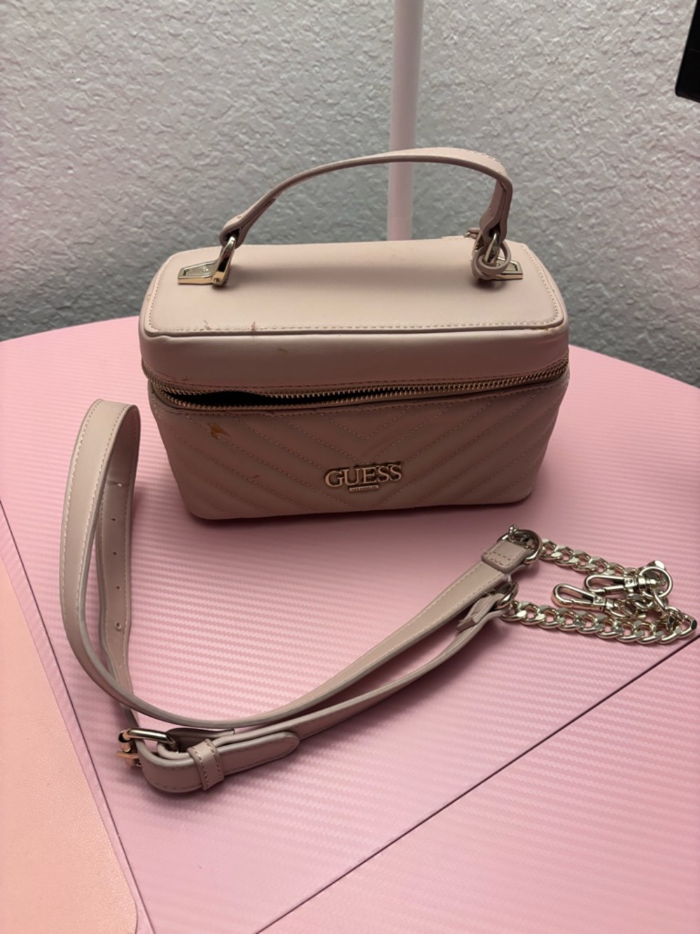 GUESS Pale Pink Quilted Top-Handle Crossbody Bag with Chain Strap